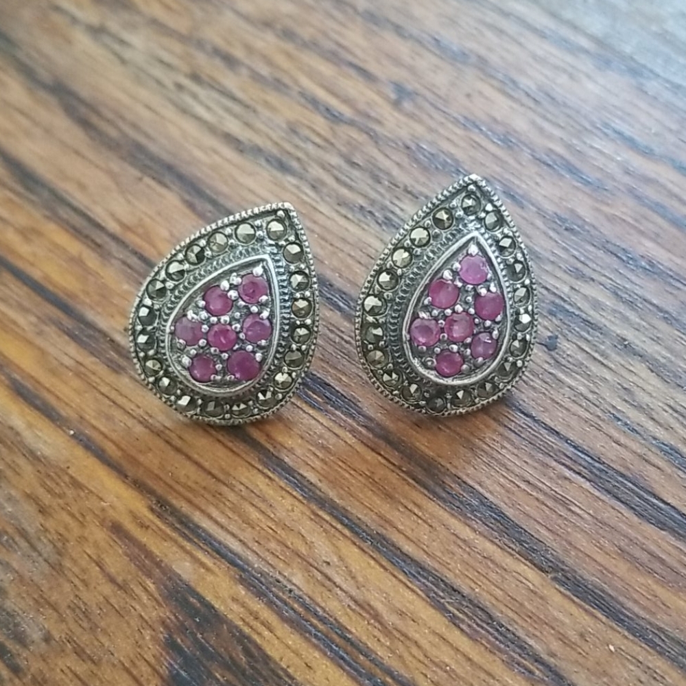 Ruby Marcasite 925 Sterling Earrings